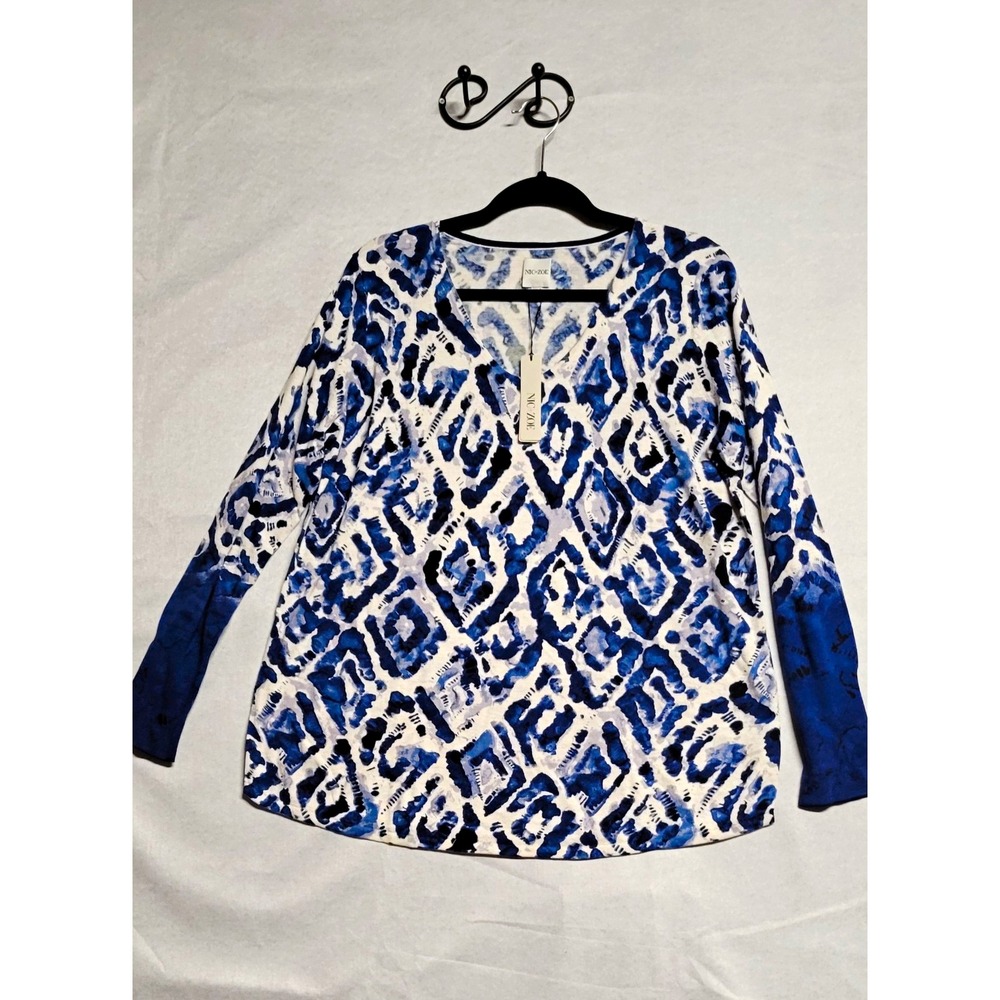 NIC+ZOE Blue/White/Black Geometric V-Neck LS Cotton Knit Top Size L